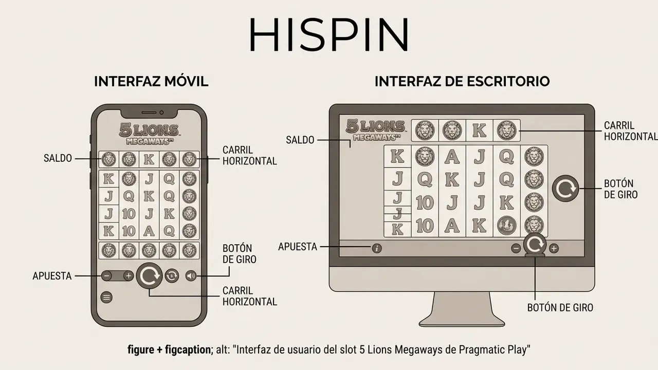 Interfaz de usuario del slot 5 Lions Megaways de Pragmatic Play