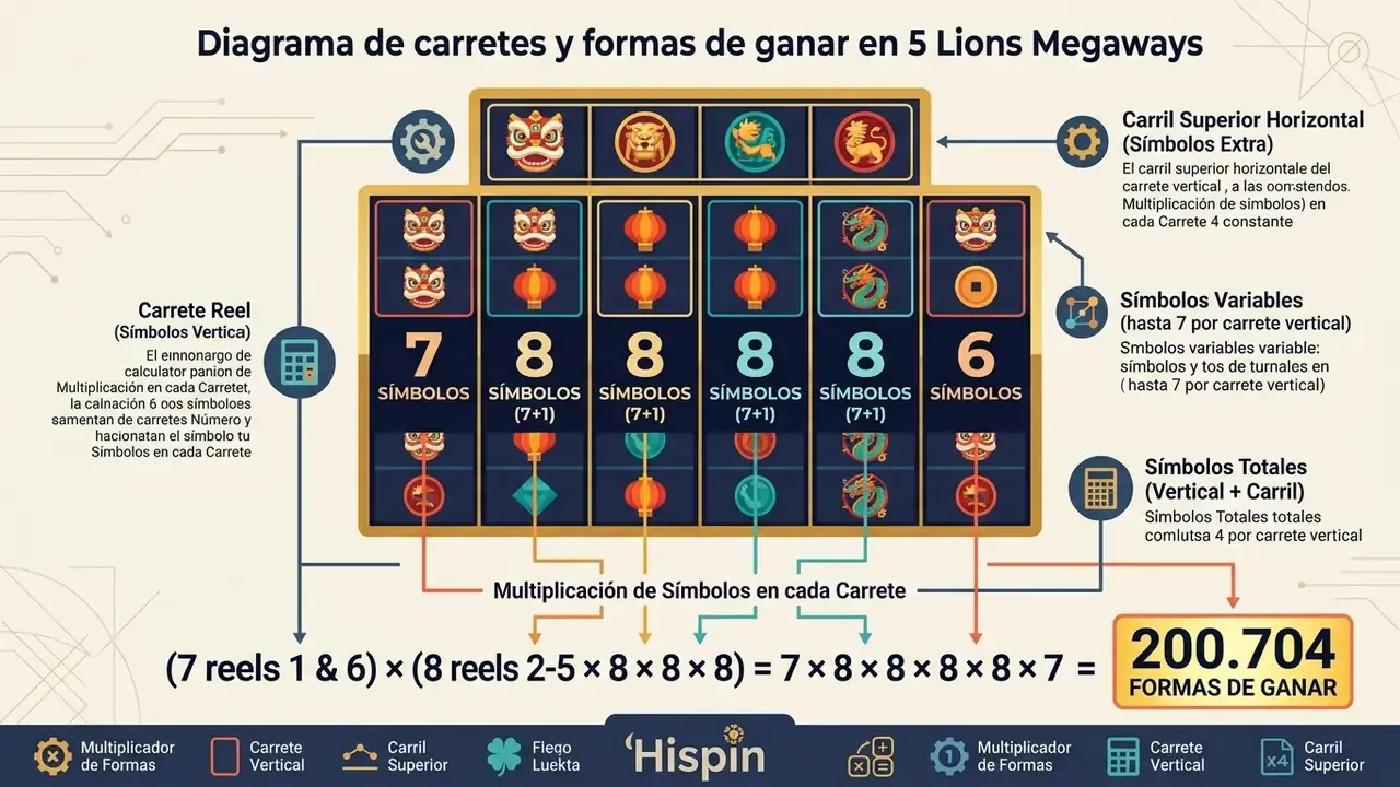 Diagrama de carretes y formas de ganar en 5 Lions Megaways